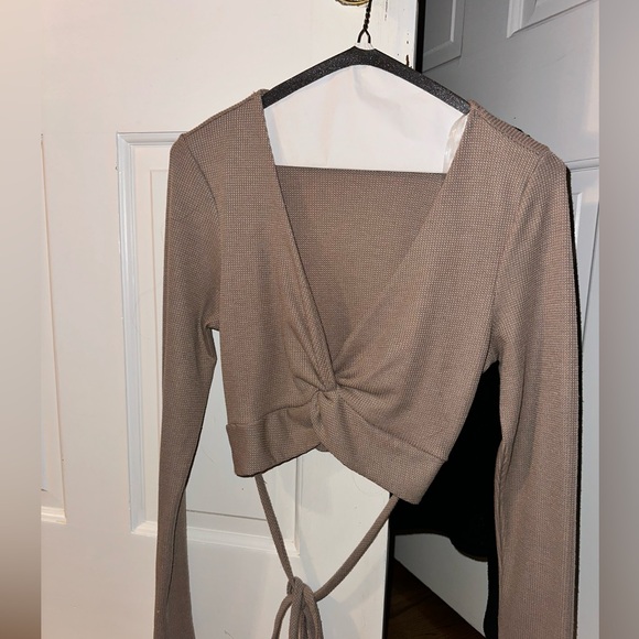 Tan long sleeve top with wrap around string at bottom - Picture 2 of 2